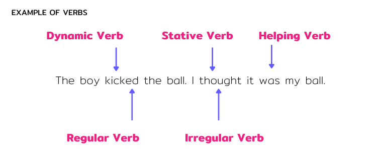 Image of an example sentence showing some of the types of verbs you get.